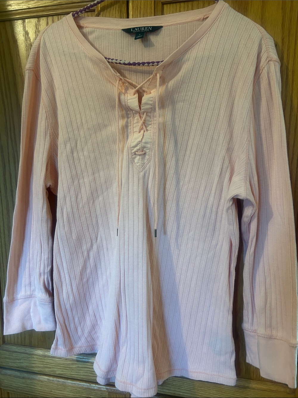 Lauren Ralph Lauren Pale Pink/Peach Ribbed Lace-Up Long Sleeve Top